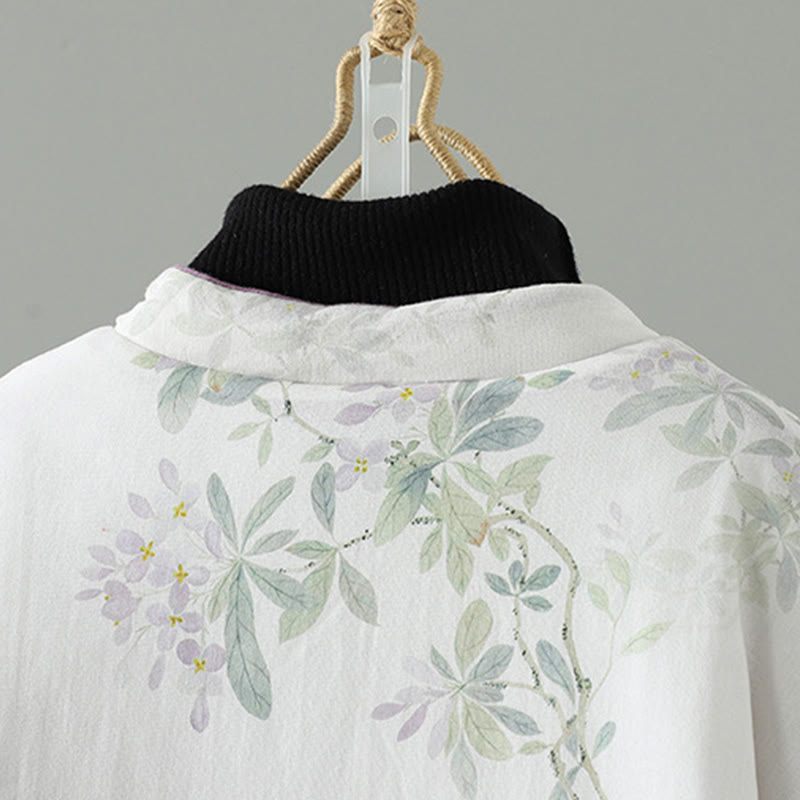 Women's Purple Flower Leaves Frog-Button Design Long Sleeve Thermal Jacket