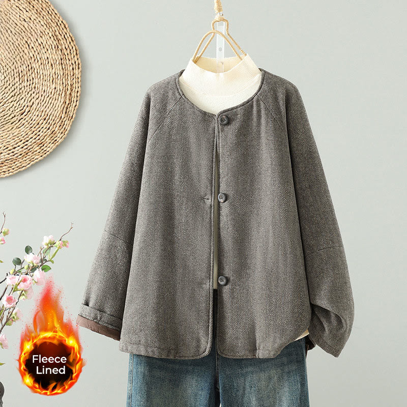 Women's Brown Buttons Design Long Sleeve Thermal Jacket With Pockets