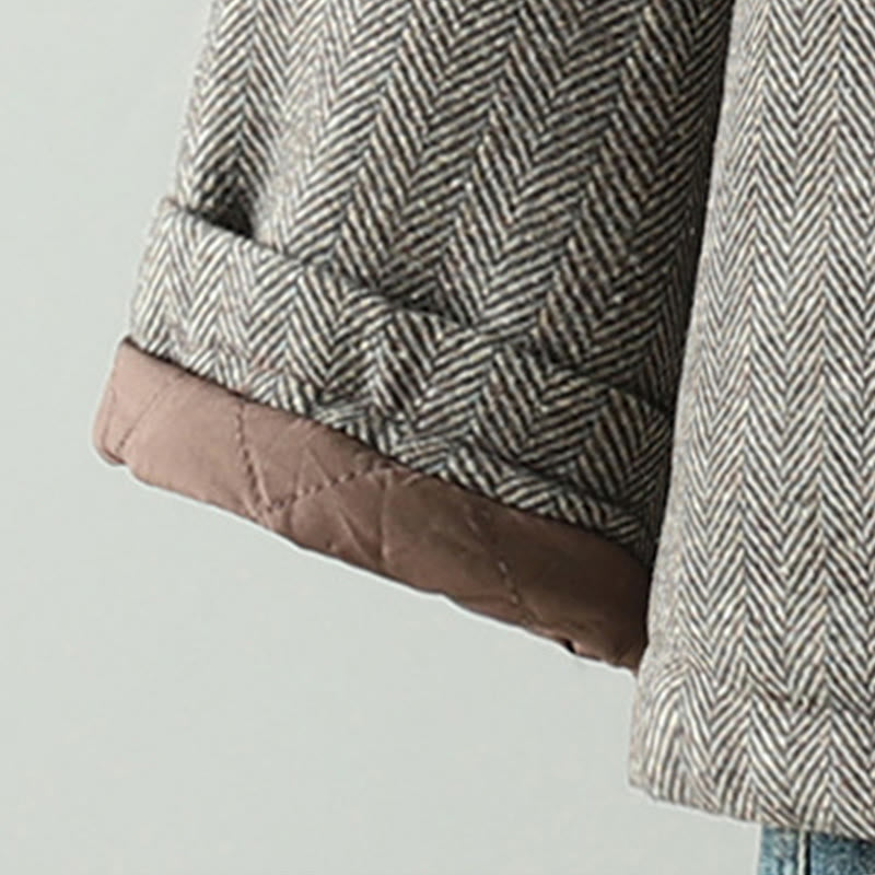 Women's Brown Buttons Design Long Sleeve Thermal Jacket With Pockets