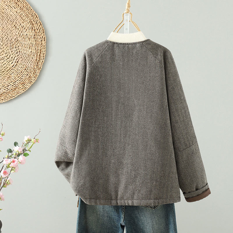 Women's Brown Buttons Design Long Sleeve Thermal Jacket With Pockets