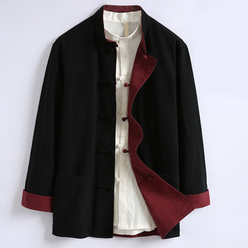 Spring Chinese Reversible Men's Frog-Button Cotton Long Sleeve Jacket