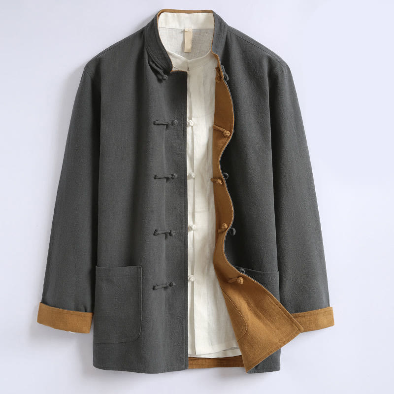 Spring Chinese Reversible Men's Frog-Button Cotton Long Sleeve Jacket