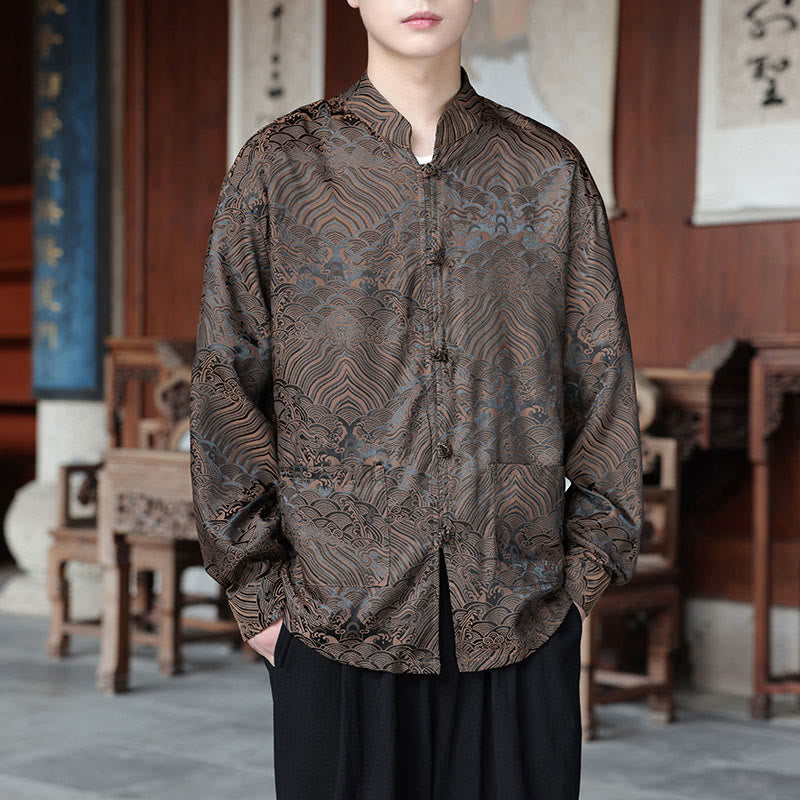 Botanical Jacquard Frog-Button Stand-Collar Jacket