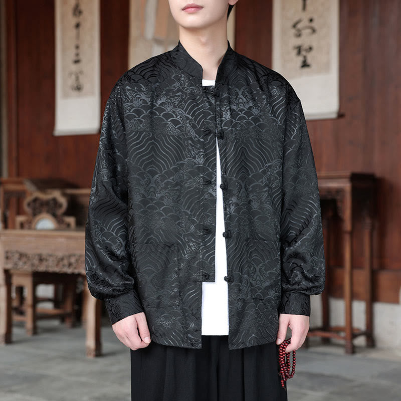 Botanical Jacquard Frog-Button Stand-Collar Jacket