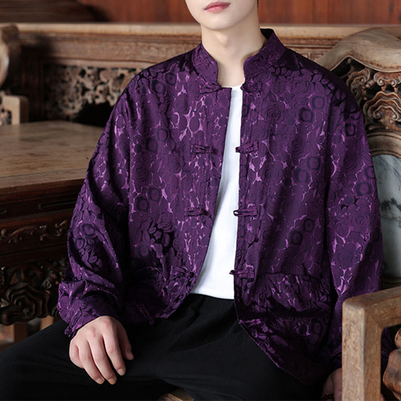 Botanical Jacquard Frog-Button Stand-Collar Jacket