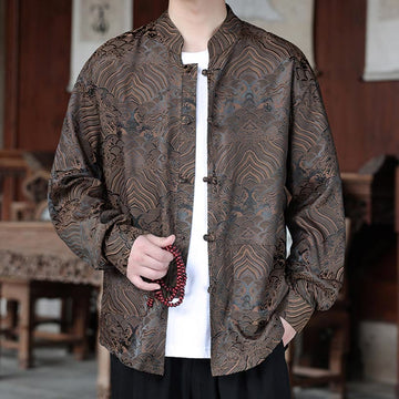 Botanical Jacquard Frog-Button Stand-Collar Jacket