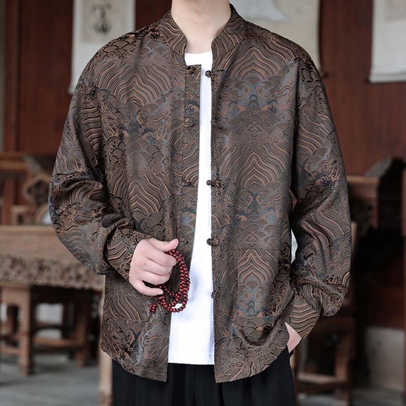 Botanical Jacquard Frog-Button Stand-Collar Jacket