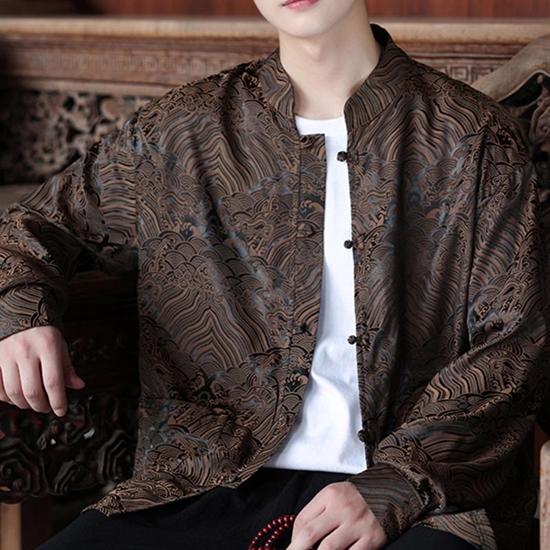 Botanical Jacquard Frog-Button Stand-Collar Jacket