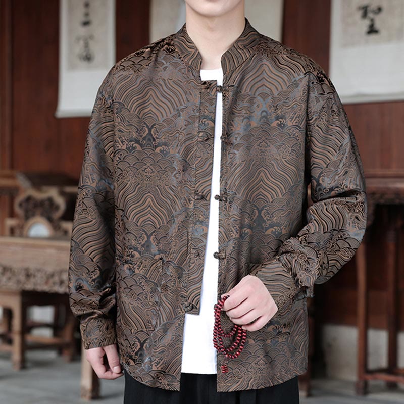 Botanical Jacquard Frog-Button Stand-Collar Jacket