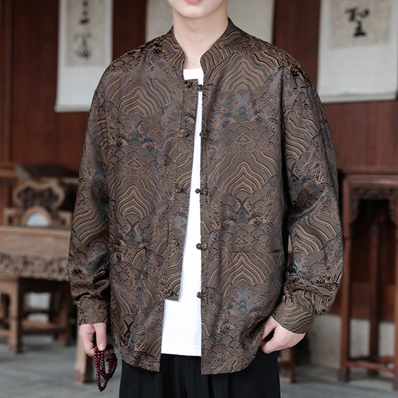 Botanical Jacquard Frog-Button Stand-Collar Jacket
