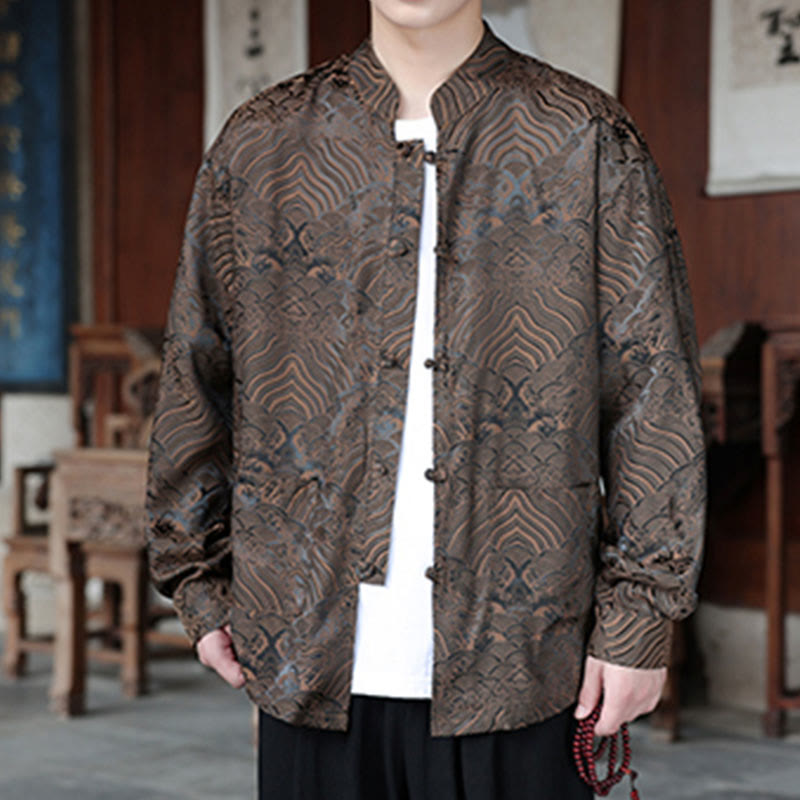 Botanical Jacquard Frog-Button Stand-Collar Jacket