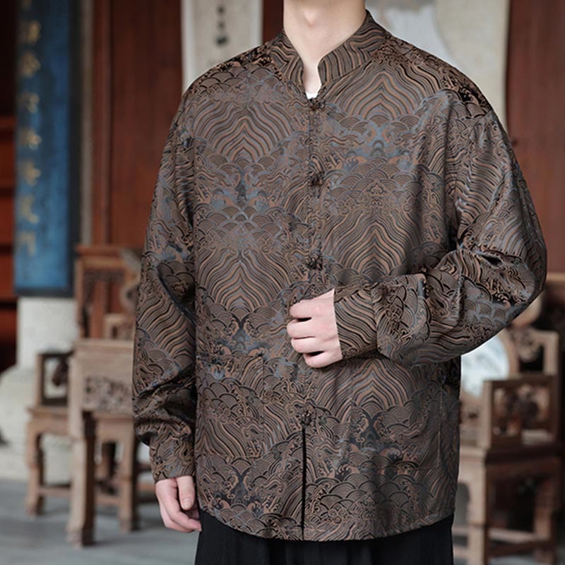 Botanical Jacquard Frog-Button Stand-Collar Jacket
