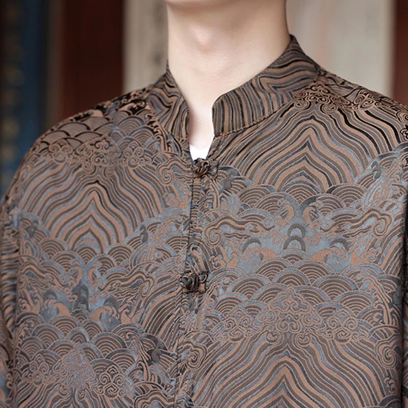 Botanical Jacquard Frog-Button Stand-Collar Jacket