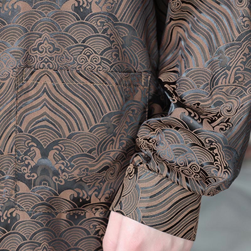 Botanical Jacquard Frog-Button Stand-Collar Jacket