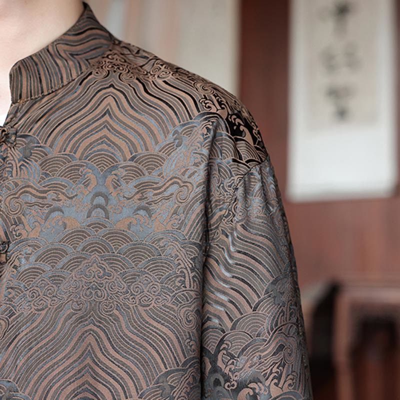 Botanical Jacquard Frog-Button Stand-Collar Jacket