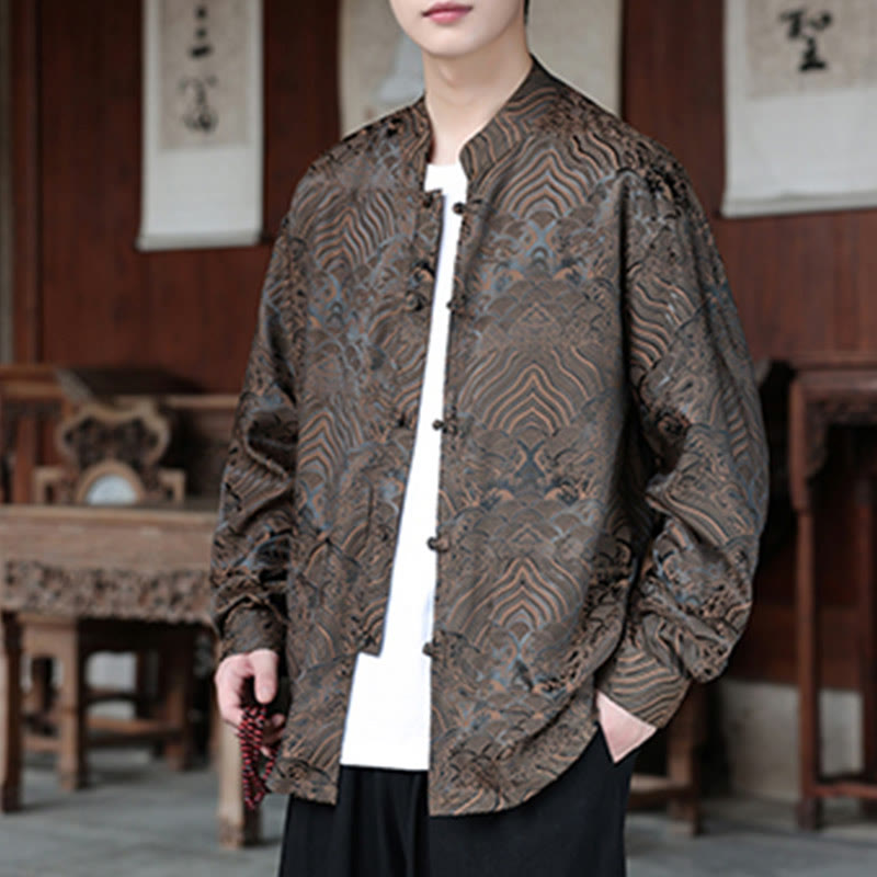 Botanical Jacquard Frog-Button Stand-Collar Jacket