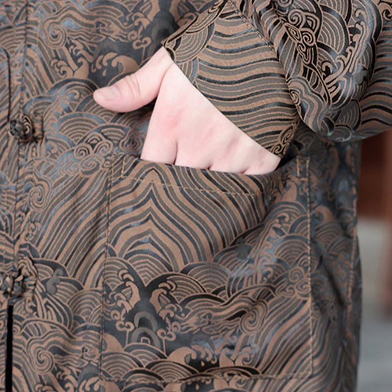 Botanical Jacquard Frog-Button Stand-Collar Jacket