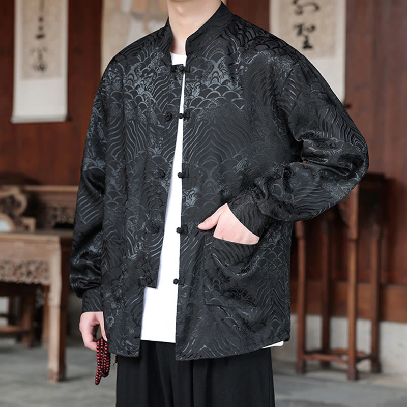 Botanical Jacquard Frog-Button Stand-Collar Jacket