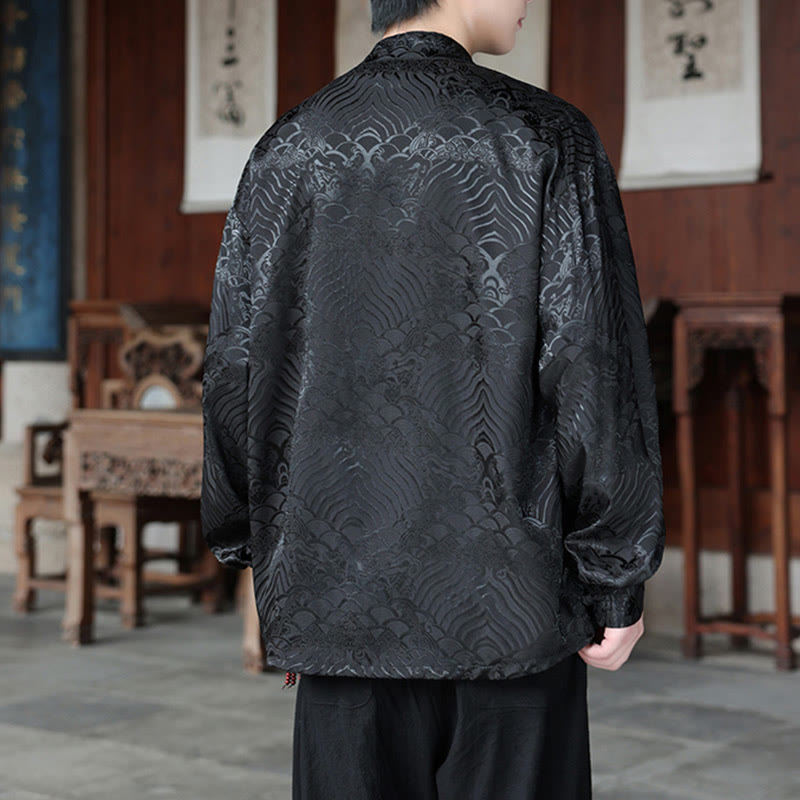 Botanical Jacquard Frog-Button Stand-Collar Jacket