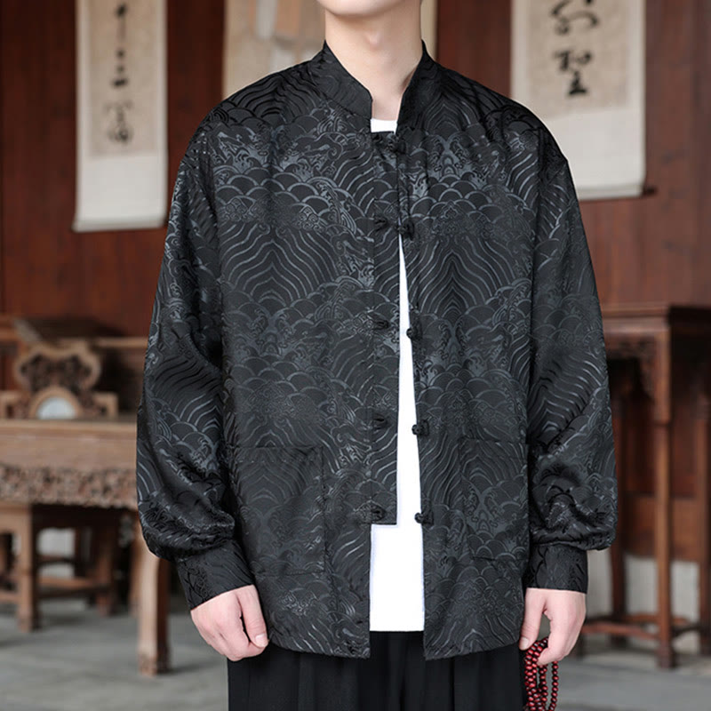 Botanical Jacquard Frog-Button Stand-Collar Jacket