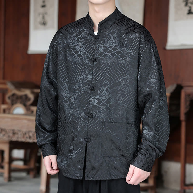Botanical Jacquard Frog-Button Stand-Collar Jacket