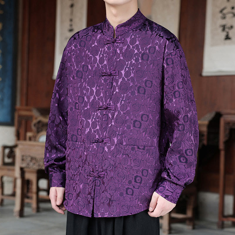 Botanical Jacquard Frog-Button Stand-Collar Jacket