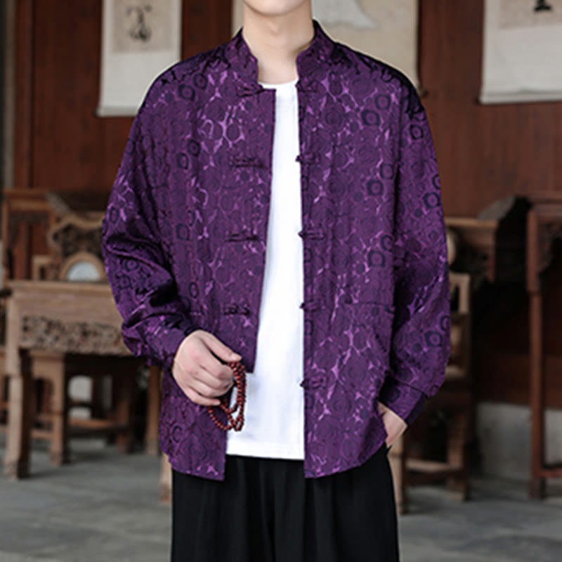 Botanical Jacquard Frog-Button Stand-Collar Jacket
