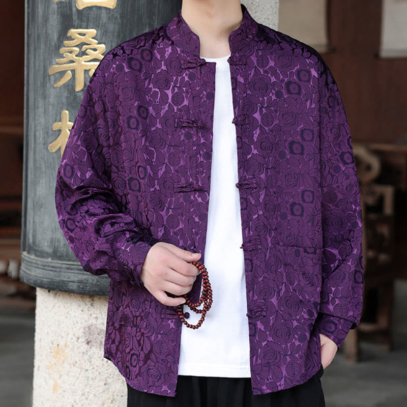 Botanical Jacquard Frog-Button Stand-Collar Jacket