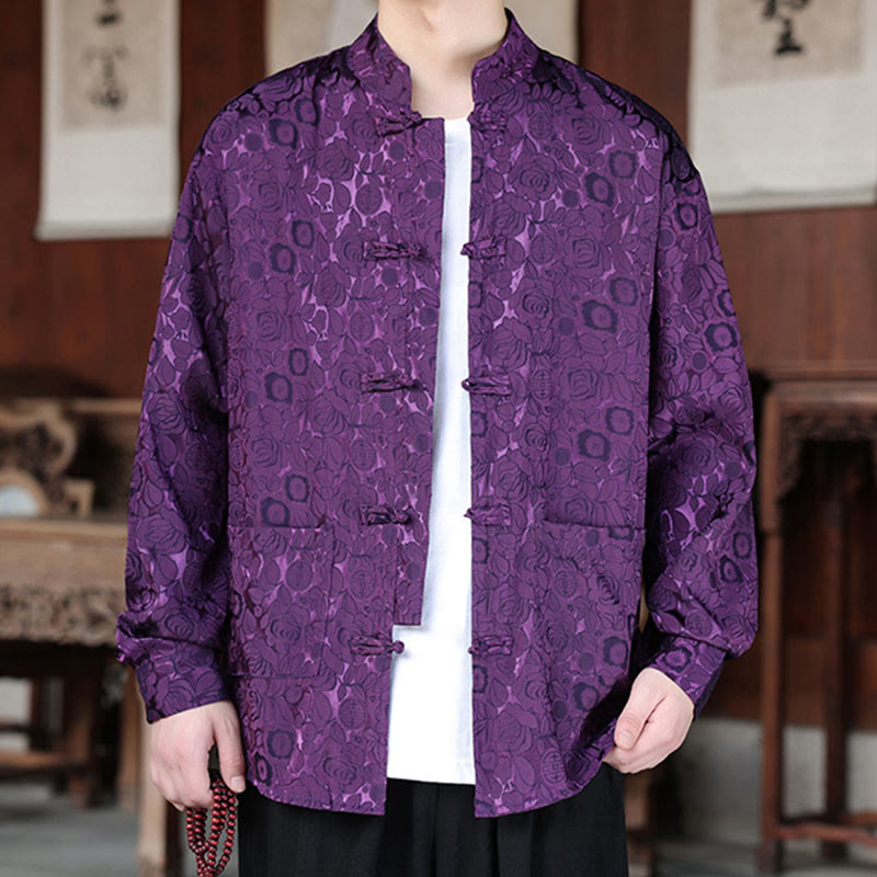 Botanical Jacquard Frog-Button Stand-Collar Jacket
