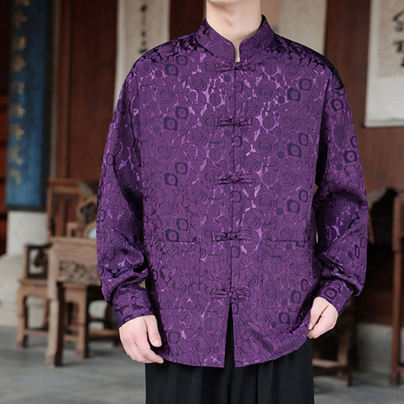 Botanical Jacquard Frog-Button Stand-Collar Jacket