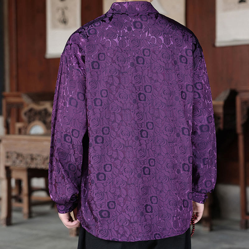 Botanical Jacquard Frog-Button Stand-Collar Jacket