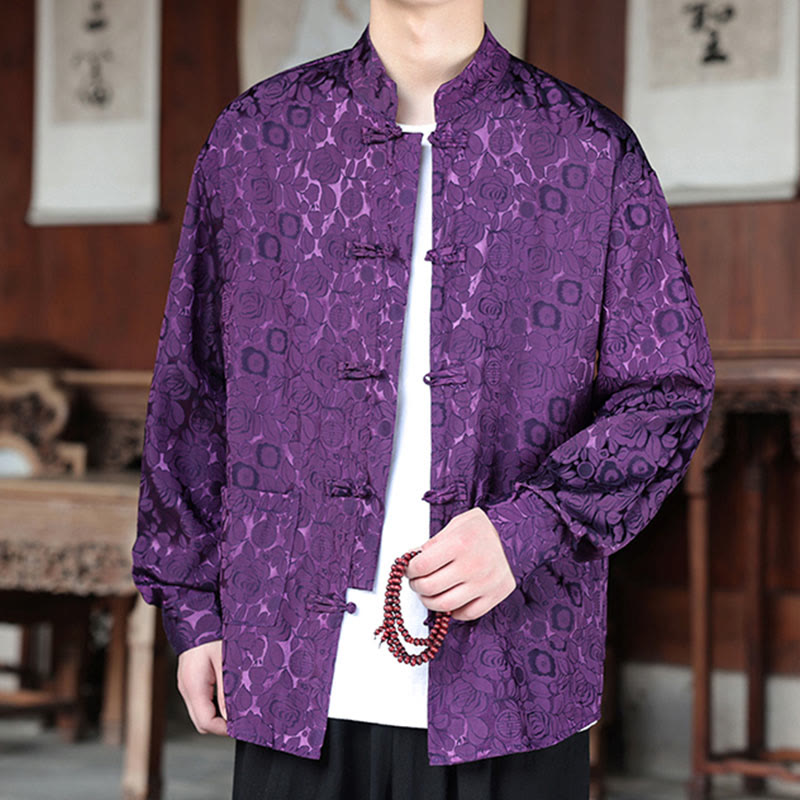 Botanical Jacquard Frog-Button Stand-Collar Jacket