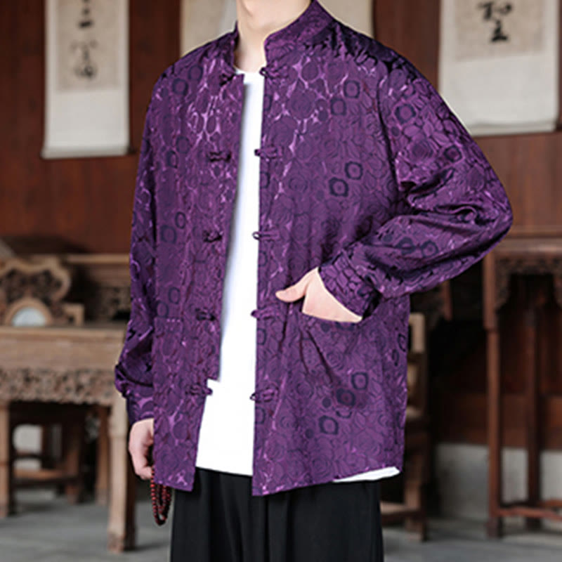 Botanical Jacquard Frog-Button Stand-Collar Jacket