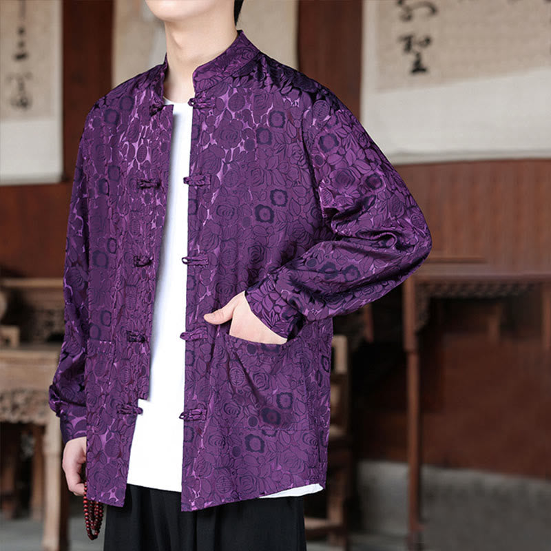 Botanical Jacquard Frog-Button Stand-Collar Jacket