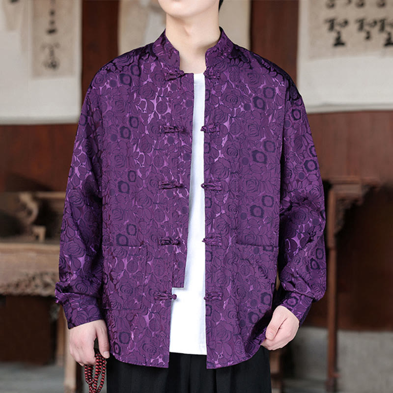 Botanical Jacquard Frog-Button Stand-Collar Jacket