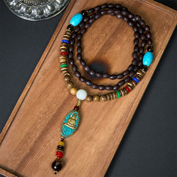 Vintage Nepal Avalokitesvara Harmony Coconut Shell Beads Pendant Necklace