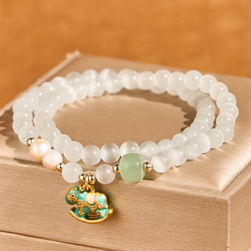 Year Of The Horse Chrysoberyl Glass Bead Peace Love Double-layered Bracelet