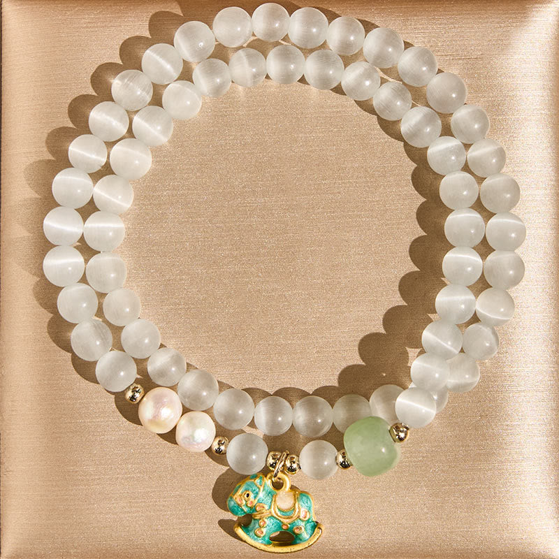 Year Of The Horse Chrysoberyl Glass Bead Peace Love Double-layered Bracelet