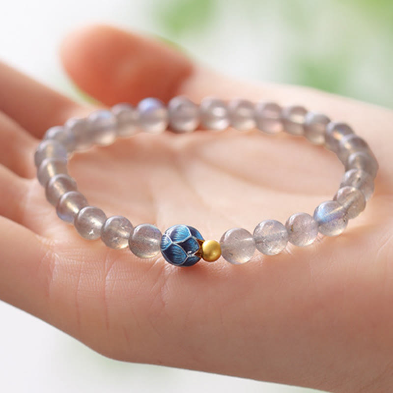 Natural Moonstone & Topaz Lotus Charm Bracelet with Copper Accents