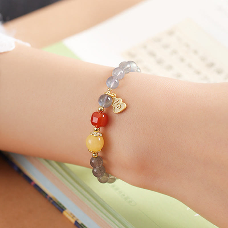 Natural Moonstone & Topaz Lotus Charm Bracelet with Copper Accents