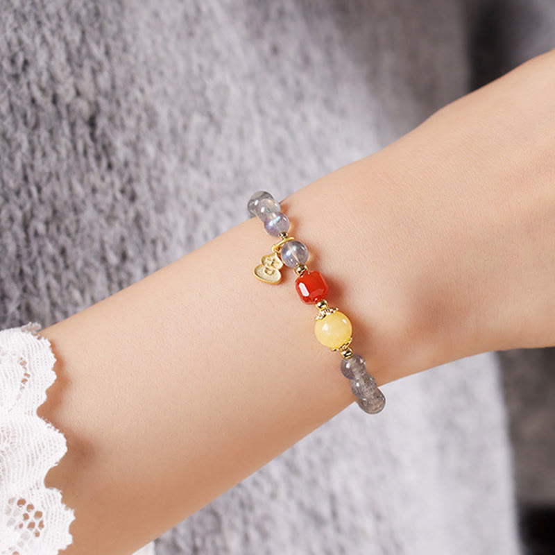 Natural Moonstone & Topaz Lotus Charm Bracelet with Copper Accents