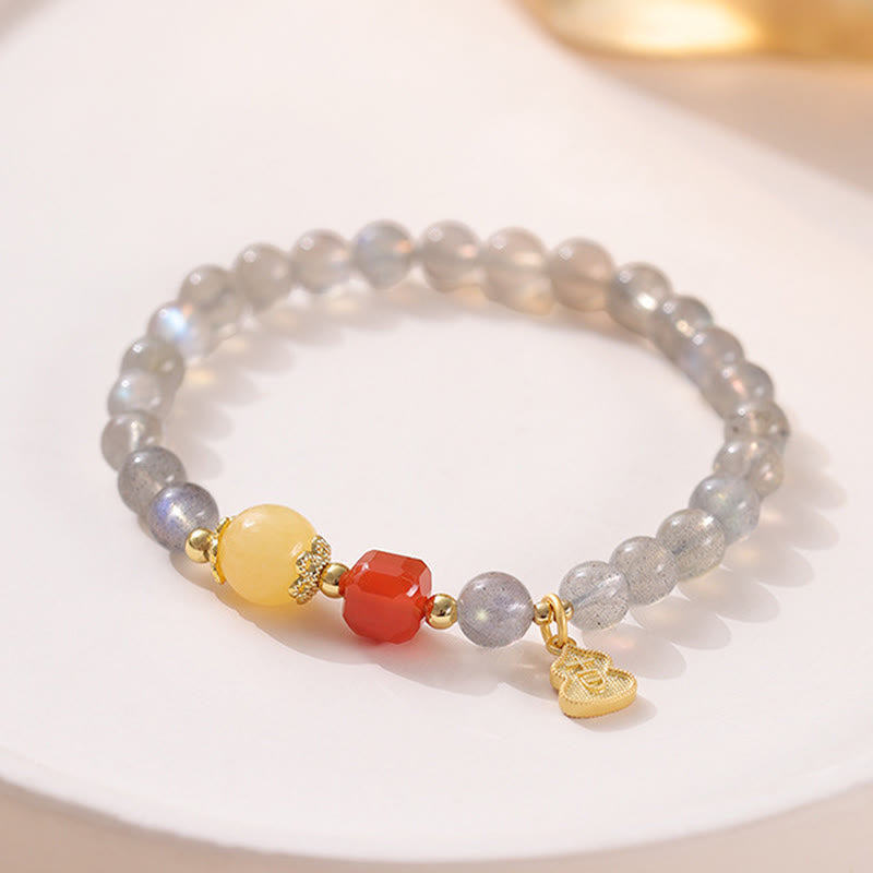 Natural Moonstone & Topaz Lotus Charm Bracelet with Copper Accents