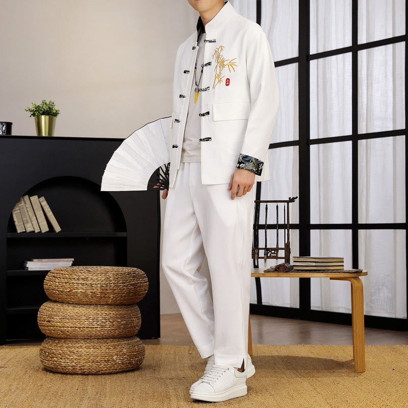 2Pcs Tang Suit Bamboo Frog-Button Men's Long Sleeve Shirt Pants Clothing Set