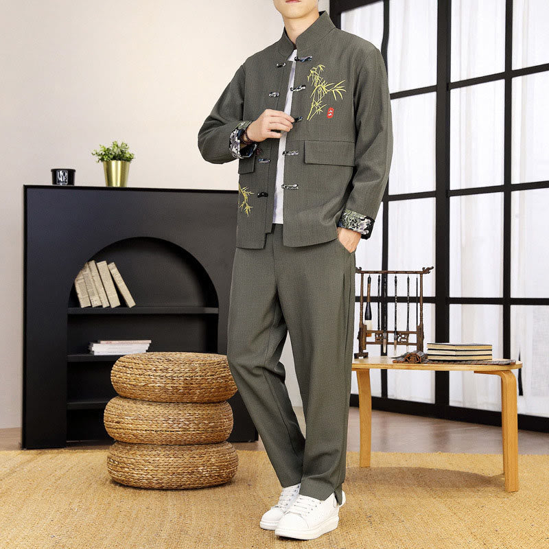 2Pcs Tang Suit Bamboo Frog-Button Men's Long Sleeve Shirt Pants Clothing Set