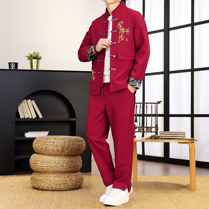2Pcs Tang Suit Bamboo Frog-Button Men's Long Sleeve Shirt Pants Clothing Set