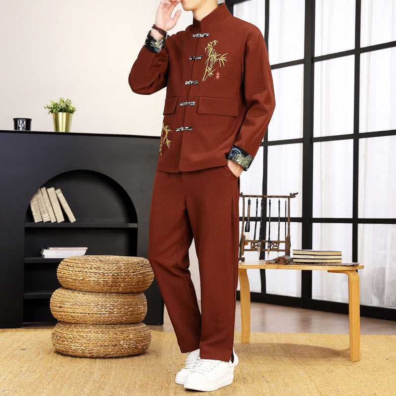 2Pcs Tang Suit Bamboo Frog-Button Men's Long Sleeve Shirt Pants Clothing Set