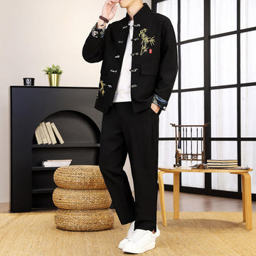 2Pcs Tang Suit Bamboo Frog-Button Men's Long Sleeve Shirt Pants Clothing Set