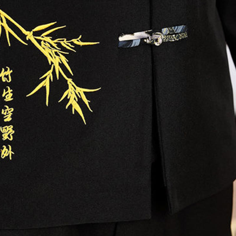 2Pcs Tang Suit Bamboo Frog-Button Men's Long Sleeve Shirt Pants Clothing Set