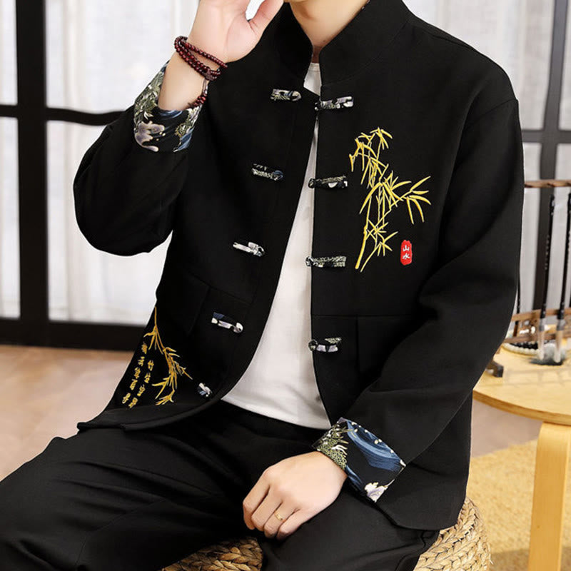 2Pcs Tang Suit Bamboo Frog-Button Men's Long Sleeve Shirt Pants Clothing Set