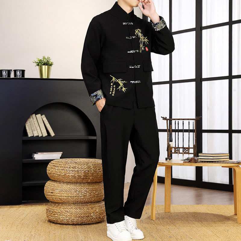 2Pcs Tang Suit Bamboo Frog-Button Men's Long Sleeve Shirt Pants Clothing Set